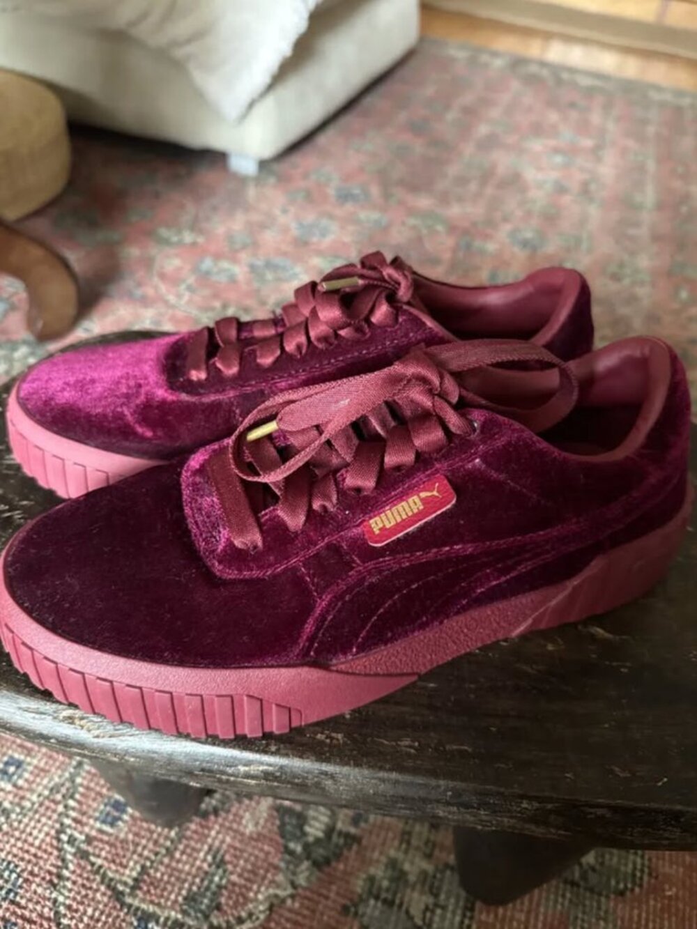 Puma Cali Velvet Sneakers Burgundy Gold Women's 9 – Like New